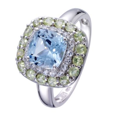 9ct White Gold Blue Topaz, Topaz and Peridot Ring