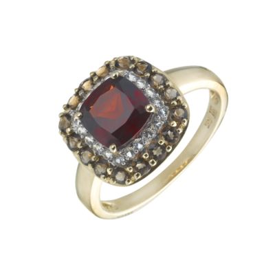 Garnet, White Topaz and Smokey Quartz Ring