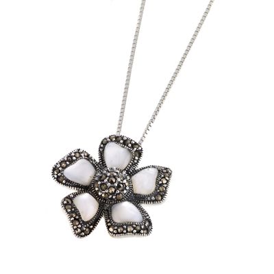 Sterling silver mother of pearl and marcasite flower pendant - Product number 5860342