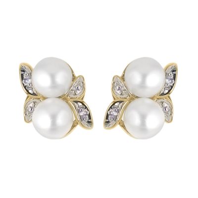 9ct Yellow Gold Diamond And Pearl Stud Earrings