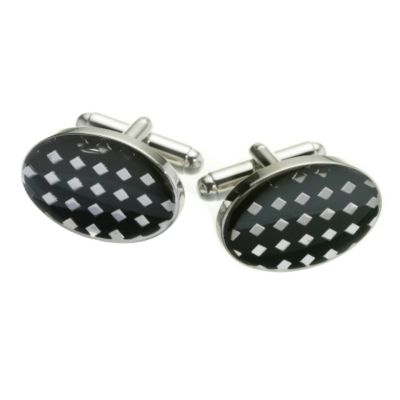 Black and White Diamond Patterned Oval Cufflinks