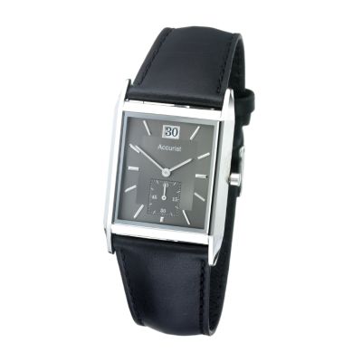 Men` Black Leather Strap Watch