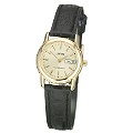 Lorus Ladies' Round Gold-plated Dial and Black Leather Strap