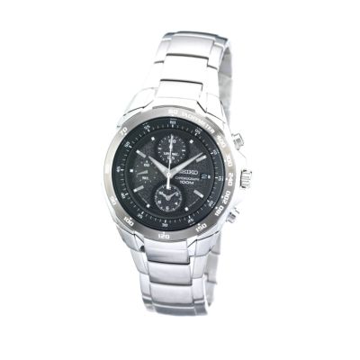 Seiko Men` Round Black Dial Chronograph Watch