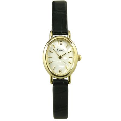 Ladies`Gold-plated Oval Dial and Black Strap Watch