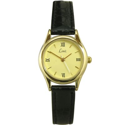 Ladies`Gold-plated Round Dial and Black Strap Watch