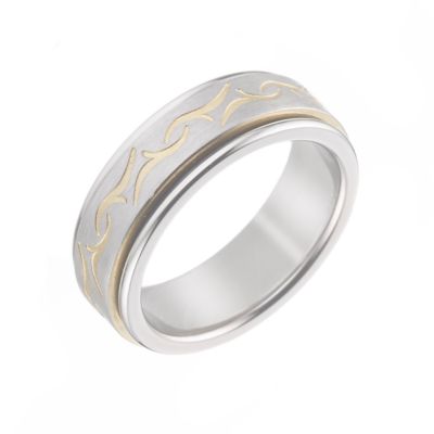 Men` Titanium and Yellow Patterned Ring