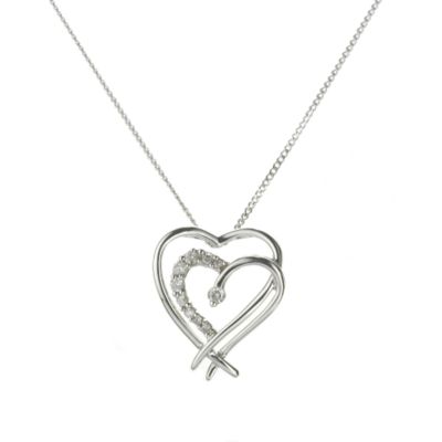 9ct White Gold Diamond Double Heart Pendant - Product number 5986435