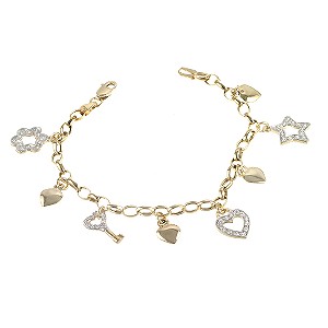 9ct gold Cubic Zirconia Set Hearts and Stars Charm Bracelet