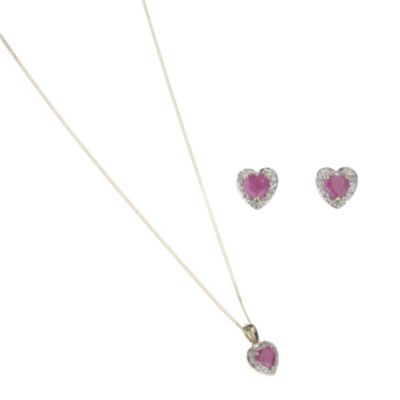 9ct Gold Diamond and Ruby Heart Pendant Set. - Product number 6016022