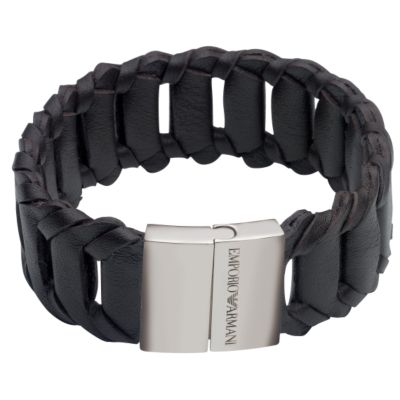 Emporio Armani men's sterling silver and brown leather cuff bracelet - Product number 6040705