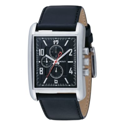 DKNY men's black leather strap watch