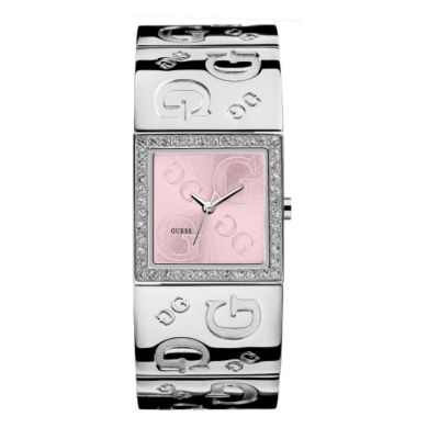 Guess Ladies Pink Square Dial White Metal Bracelet Watch