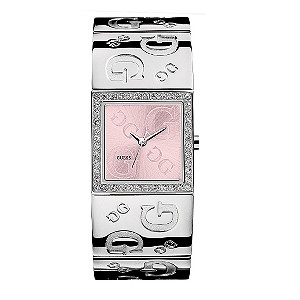 Guess Ladies Pink Square Dial White Metal Bracelet Watch