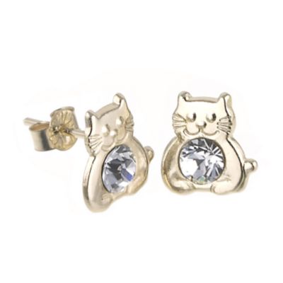 9ct Gold Crystal Cat Stud Earrings