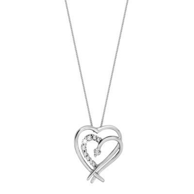 Unbranded 9ct White Gold Cubic Zirconia Twin Heart Pendant Necklace