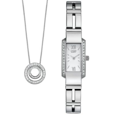 Citizen ladies`crystal bracelet watch and pendant gift set