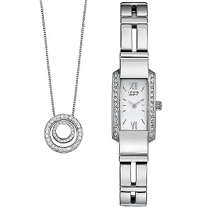 Citizen ladies`crystal bracelet watch and pendant gift set