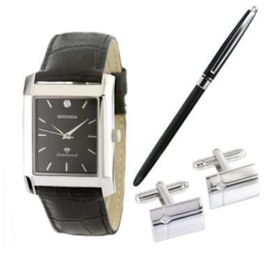 Men` Watch Pen and Cufflinks Gift Set With Diamonds