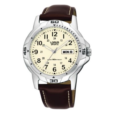 Men` Watch Brown Leather Strap Cream Dial