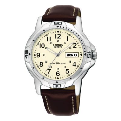 Lorus Men` Watch Brown Leather Strap Cream Dial