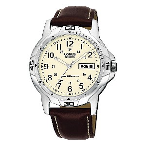 Men` Watch Brown Leather Strap Cream Dial