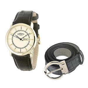 Rotary Men` Black Leather Strap Watch and Black Belt Gift Set