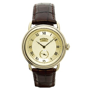 Rotary Men` Gold-Plated Watch and Brown Leather Strap
