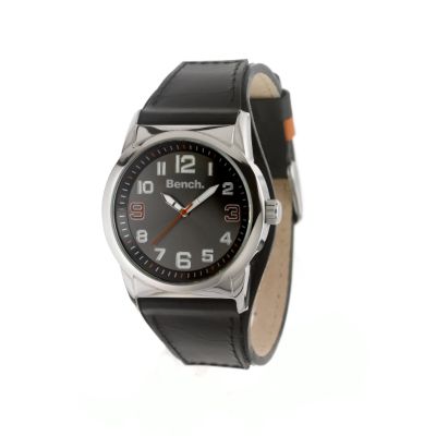 Bench Men` Black Leather Strap Watch