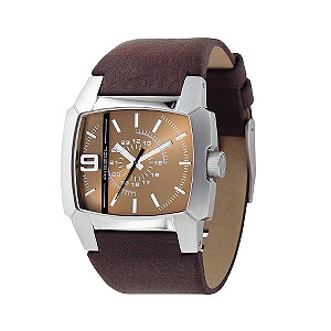 Men` Brown Leather Strap East West Watch