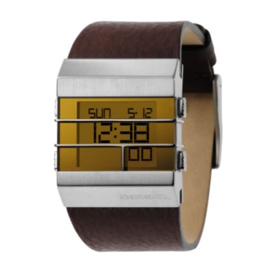 Men` Digital Yellow Dial Brown Leather Strap Watch