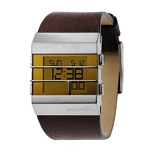 Diesel Men` Digital Yellow Dial Brown Leather Strap Watch
