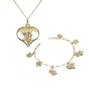 9ct Yellow Gold Cupid Necklace 7 Charm Bracelet Set