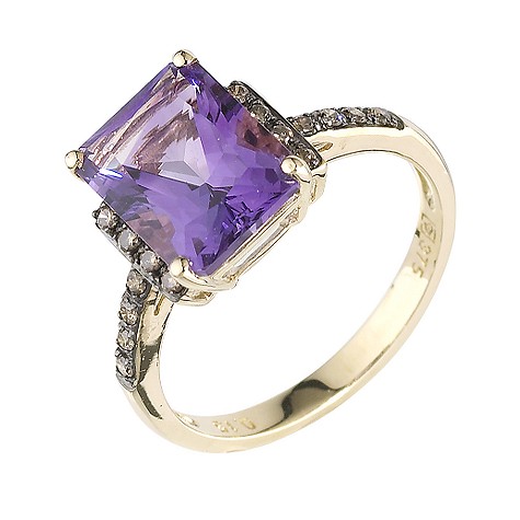 9ct yellow gold brown diamond and amethyst ring