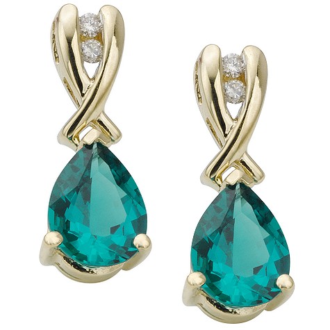 9ct gold created emerald and diamond drop earrings