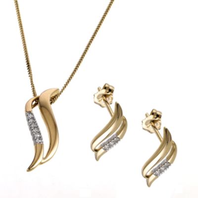 9ct Yellow Gold Diamond Earrings and Necklace Set - Product number 6318002