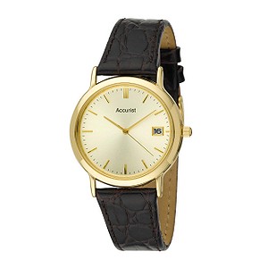 Men` Gold Plated Brown Leather Strap Watch