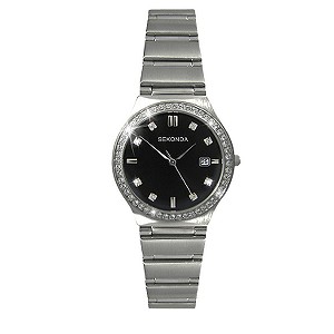Ladies`Stone Set Black Dial Bracelet Watch