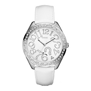 Guess Quiz Ladies`White Leather Strap Watch