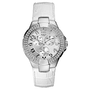 Guess Ladies`White Leather Strap Stone Set Watch