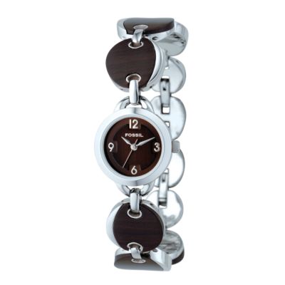 Fossil Ladies`Stainless Steel And Wood Bracelet Watch