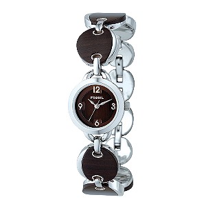 Fossil Ladies`Stainless Steel And Wood Bracelet Watch