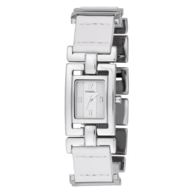 Ladies`Stainless Steel And White Leather Strap Watch