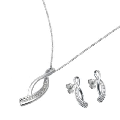 9ct White Gold Diamond Pendant And Earrings Set