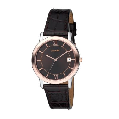 Accurist Men's Brown Leather Strap Rose Gold-Plated Watch - Product number 6341551