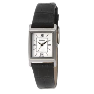 Men` Black Leather Strap Watch