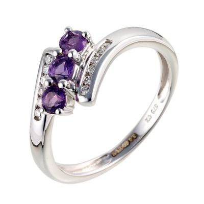 9ct White Gold Three Stone Amethyst and Cubic