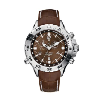 Yachting mens brown leather strap watch