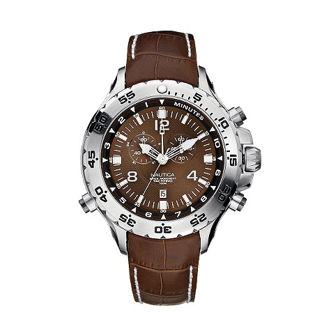 Yachting mens brown leather strap watch