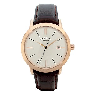 Rotary Core Men` Rose Silver Dial Brown Leather Strap Watch